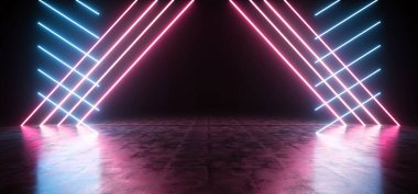 Bilimkurgu Üçgeni Tüneli Neon Lazer Geleceği Parlak Mor Sanal Sentetik Dalgalı Uzaylı Deposu Garaj Betonu Yansıtıcı Metal 3D Çizim
