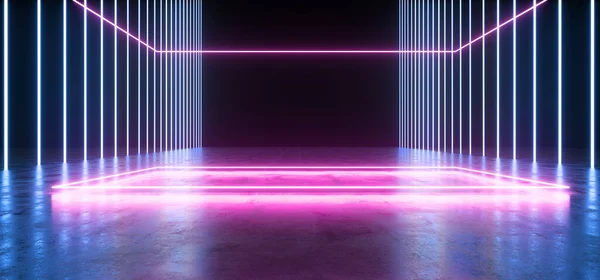 Sci Stage Podium Triangle Tunnel Corridor Neon Laser Futuristic Glowing — 스톡 사진