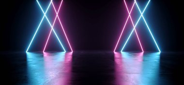 Bilim Kurgu Sahnesi Podyum Üçgen Tünel Neon Lazer Mor Mor Sanal Dalgalı Sanal Uzaylı Deposu Garaj Betonu Yansıtıcı Metal 3B Resim Çizimi