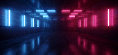 Neon Parlayan Retro Modern Sentetik Garaj Tırı Koridor Mor Mavi Vibrant Işıklar Dans Sahnesi Podyum Garaj Odası Stüdyosu Grunge Arka planı 3D