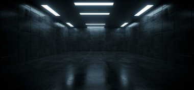 Dark Beton Grunge Yeraltı Otoparkı Yansıtıcı Garaj Vitrini Vitrin Tüneli Koridoru Bilim Kurgu Geleceği 3D Görüntü Görüntüleme