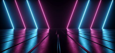 Neon Lazer Sütunları Parlayan Mor Mor Kaplama Metalik Beton Yansıtıcı Zemin Karanlık Garaj Yeraltı Kapısı Sentetik Sanal Arka plan Retro Modern 3D Çizim