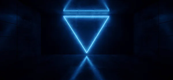 Neon Laser Driehoek Gloeiend Blauw Donker Beton Grunge Parkeren Ondergrondse — Stockfoto