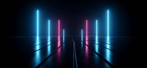Neon Laser Pijlers Lichten Gloeiend Paars Blauw Betegeld Metallic Beton — Stockfoto