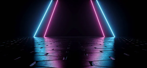 Neon Laser Pillars Lights Glowing Purple Blue Tiled Metallic Concrete — 스톡 사진