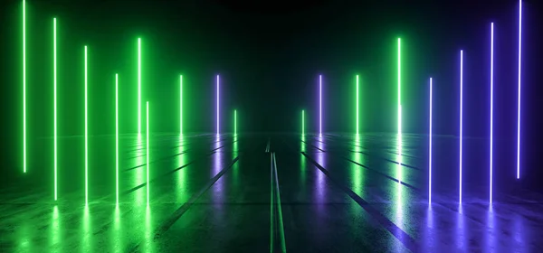 Neon Laser Grön Lila Blå Pelare Metall Struktur Hexagonal Kakel — Stockfoto