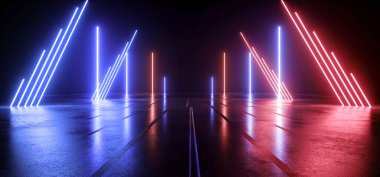 Neon Lazer Yayı Kırmızı Mor Çizgili Metal Beton Yansıtıcı Döşeme Karanlık Depo Garaj Kapısı Tünel Koridoru Yeraltı Otoparkı 3D Görüntü Görüntüleme