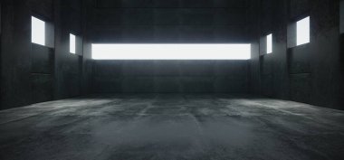 Grunge Beton Gerçekçi Salon Garajı Büyük Büyük Büyük Beyaz Pencereler Parlayan Yansıtıcı Modern Zarif 3D Çizim