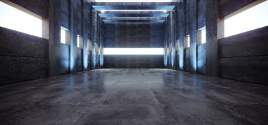 Grunge Beton Salon Deposu Büyük Büyük Beyaz Pencereler Mavi Spotlights Parlayan Yansıtıcı Modern Zarif 3D Resim