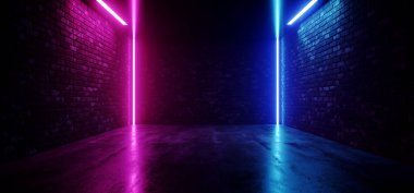 Neon Lazer Mavi Retro Tuğla Duvarlar Grunge Beton Dans Gösterisi Gece Garajı Parlayan Boş Sahne Performansı 3D Görüntü
