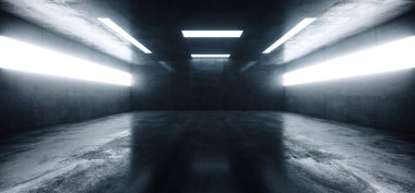 Büyük Grunge Beton Depo Garajı Boş Shodio Stüdyosu Gerçekçi Pencereler Beyaz Led Işık Tüneli Koridoru Yeraltı 3D Görüntü Görüntüleme