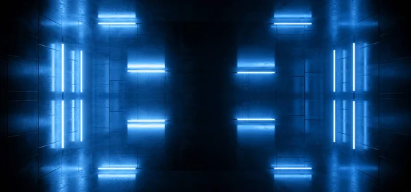 レーザーネオンレトロモダンなコンクリートグランドガレージ地下背景青Ledスタジオライト光る白空のスペースサイバー仮想シンセ地下現実的な3Dレンダリングイラスト — ストック写真