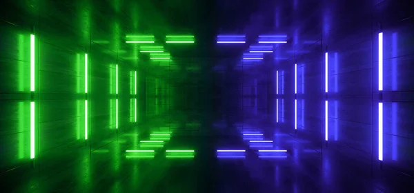霓虹灯激光矩形隧道走廊舞台施工荧光绿舞池地板陈列柜复古合成混凝土地板绞车之夜活动3D渲染图解 — 图库照片