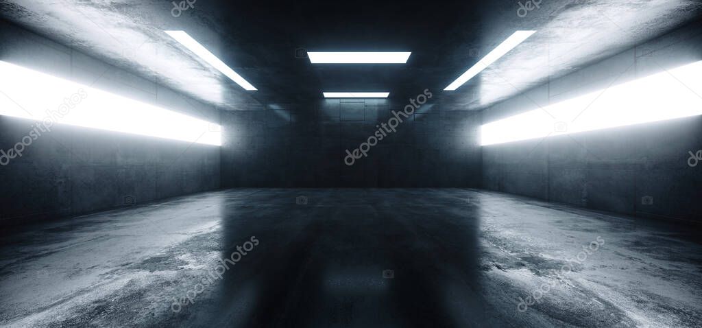 Large Grunge Concrete Warehouse Garage Empty Showroom Studio Realistic Windows White Led Glowing Light Tunnel Corridor Underground 3D Rendering Illustration