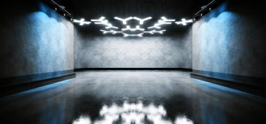 Araba Tamirhanesi Modern Bilim Kurgu Şovu Zarif Led Mavi Soyut Şekiller Işıklar Çimento Sert Beton Duvarı Yansıtıcı zemin 3D Resim