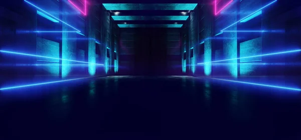 Sci Fi Alien Spaceship Blue Purple Garage Warehouse Tunnel Corridor Future Lasers Neon Beams Dark Background Cyber Virtual Studio 3D Rendering Illustration