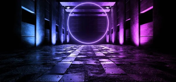 Sci Neon Glowing Purple Blue Circle Shape Rough Cement Asfalt — Stock fotografie