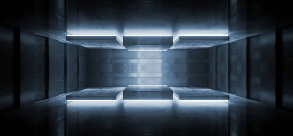 Futuristic Sci Fi Hangar Stage Neon Lasers Glowing Blue Podium Showcase Tiled Floor Concrete Floor Garage Cyber Warehouse 3D Rendering Illustration