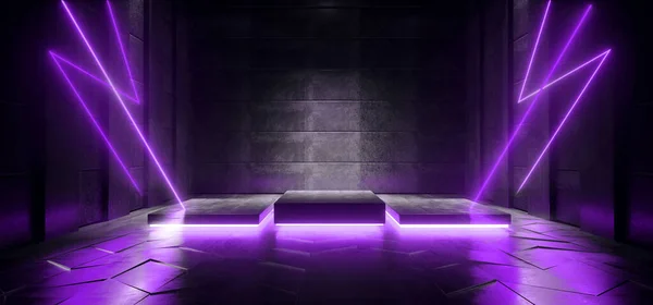 Futuristic Hangar Stage Neon Lasers Glowing Purple Podium Showcase Tiled Floor Concrete Floor Garage Thunder Bolt Shaped Lights  Cyber Warehouse 3D Rendering Illustration
