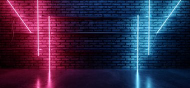 Retro Neon Siber Lazer Flüoresan Mor Mavi Metro Işıkları Eski Kulüp Gece Dansı Grunge Brick Wall Beton Duvarı Yansıtıcı Garaj Yeraltı Arka planı 3D