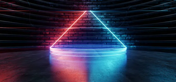 Retro Neon Cyber Háromszög Színpad Podium Lézer Fluoreszkáló Piros Orange — Stock Fotó