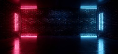 Retro Futuristik Neon Siber Lazer Flüoresan Mavi Mor Metro Işıkları Eski Kulüp Gece Dansı Grunge Brick Duvarı Beton Garajı Yeraltı Arkaplanı 3D