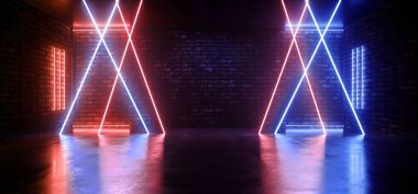 Retro Futuristik Neon Neon Lazer Üçgenleri Mavi Turuncu Tüplü Işıklar Eski Kulüp Gece Dansı Grunge Brick Wall Beton Yeraltı Garajı 3D