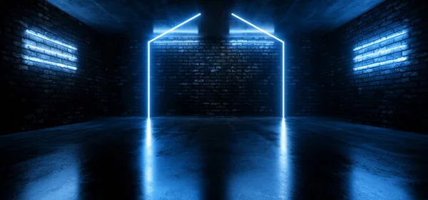 Retro Futuristic Neon Cyber Laser Fluorescent Blue Arc Stage Tube Lights Glowing On Old Club Night Dance Grunge Brick Wall Cement Concrete Floor Garage Underground Background 3D Rendering Illustration