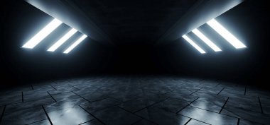 Boş Çimento Deposu Çimento Bilimci Müstakbel Mavi Parlak Stüdyo Stüdyo Işıkları Yeraltı Tüneli Koridoru Yeraltı Otoparkı Elektrikli Grunge Beton Döşeme 3D