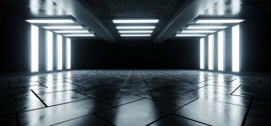 Boş Çimento Deposu Çimento Bilimci Müstakbel Mavi Parlak Stüdyo Stüdyo Işıkları Yeraltı Tüneli Koridoru Yeraltı Otoparkı Elektrikli Grunge Beton Döşeme 3D