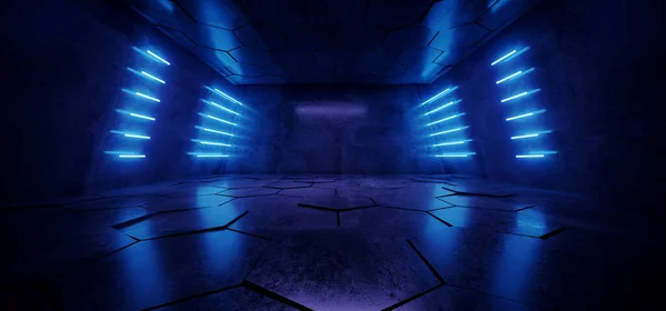 Moderne Néon Laser Bleu Lumineux Sci Grunge Béton Ciment Hall — Photo