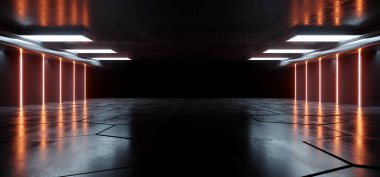 Fütürist Neon Lazer Hatları Parlayan Turuncu Beyaz Vibrant Beton Beton Yeraltı Deposu Garaj Stüdyosu Boş Vitrin Tüneli Koridoru Arkaplan 3D Resimlendirme