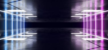 Gelecekçi Neon Lazer Hatları Parlayan Turuncu Mor Mor Beyaz Vibrant Beton Beton Yeraltı Deposu Garaj Stüdyosu Boş Vitrin Tüneli Koridoru Arkaplan 3D