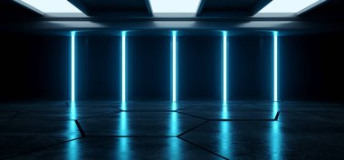 Gelecekçi Neon Lazer Hatları Parlayan Mavi VIbrant Sentetik Beton Beton Depo Depo Garaj Stüdyosu Boş Vitrin Tüneli Koridoru Arkaplan 3D Resim