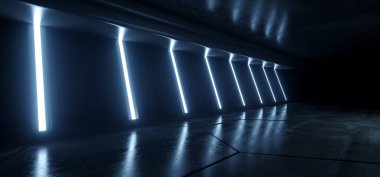 Gelecekçi Neon Lazer Hatları Parlayan Mavi VIbrant Sentetik Beton Beton Depo Depo Garaj Stüdyosu Boş Vitrin Tüneli Koridoru Arkaplan 3D Resim
