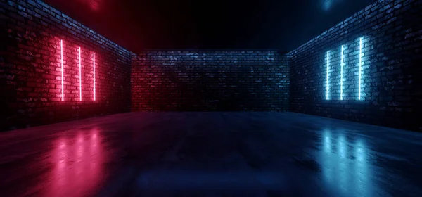 Sci Fi Retro Futuristic Brick Wall Club Underground Performance Show Stage Warehouse Purple Blue Neon Laser Lights Glowing Vibrant Virtual Synth Background 3D Rendering Illustration