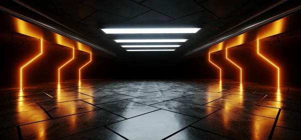 Sci Moderne Exotique Néon Laser Orange Lumières Vaisseau Spatial Béton — Photo