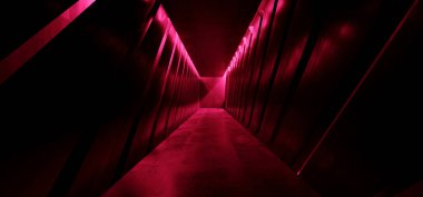 Bilimkurgu Modern Neon Lazer Tünel Koridoru Kırmızı Parlayan Metal Döşeme Yansıtan Beton Duvarlar Fütürist Yeraltı Odası Boş Arkaplan Işıkları 3D Resim