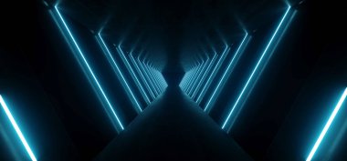 Bilimkurgu Modern Üçgeni Tünel Neon Lazer Tüpü Tünel Mavi Parlak Metal Yansıyan Döşeme Duvarları Fütüristik Yeraltı Odası Garajı Boş Arkaplan Işıkları 3D Resmetme