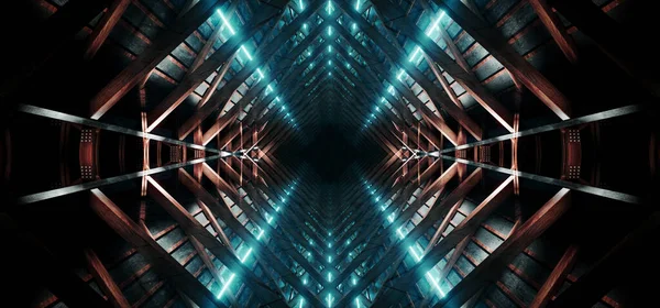 Neonlichter Leuchtende Dreiecksstruktur Dach Hangar Sci Futuristische Lagerhaus Tunnelkorridor Alien — Stockfoto