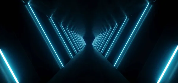 Sci Modern Triangle Tunnel Neon Laser Fluorescent Tubes Tunnel Corridor — Stock Photo, Image