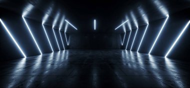 Büyük Neon Lazer Mavi Gece Deposu Tünel Koridoru Beton Garaj Grunge Bilim Kurgu Yeraltı Şovu Araba Otoparkı Boş 3D Çizim