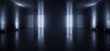 Büyük Neon Lazer Mavi Gece Deposu Tünel Koridoru Beton Garaj Grunge Bilim Kurgu Yeraltı Şovu Araba Otoparkı Boş 3D Çizim