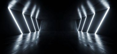 Büyük Neon Lazer Mavi Gece Deposu Tünel Koridoru Beton Garaj Grunge Bilim Kurgu Yeraltı Şovu Araba Otoparkı Boş 3D Çizim