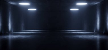 Büyük Neon Lazer Mavi Gece Deposu Tünel Koridoru Beton Garaj Grunge Bilim Kurgu Yeraltı Şovu Araba Otoparkı Boş 3D Çizim