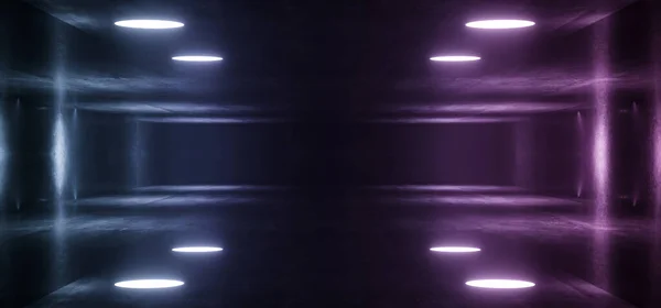 Groot Groot Neon Laser Paars Blauw Donker Nacht Magazijn Tunnelgang — Stockfoto
