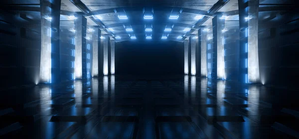 Large Hangar Garage Spotlights Blue Laser Lights Glowing Empty Warehouse Tunnel Corridor Concrete Floor With Columns background Modern 3D Rendering Illustration