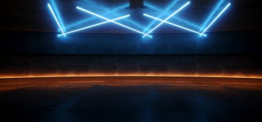 Modern Bilim Kurgu Falı Fütüristik Mavi Turuncu Işıklar Sahne Parıltısı Garaj Garajı Yeraltı Tüneli Gösteri Arkaplanı 3D Görüntü