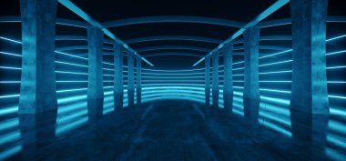 Geniş Hangar Garajı Spotlights Mavi Lazer Işıkları Parlayan Boş Depo Tüneli Koridor Döşemesi Sütunlu Modern 3D Görüntü