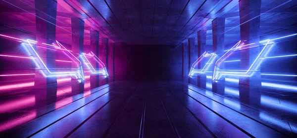 Geniş Retro Fütürist Bilim Kurgu Hangarı Spotlights Neon Lazerler Mor — Stok fotoğraf